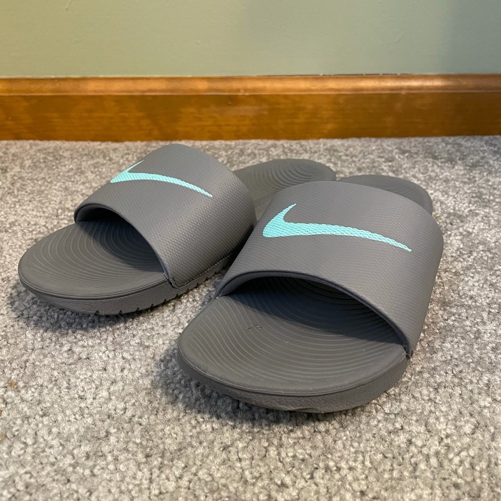Grey and Aqua Nike Slides